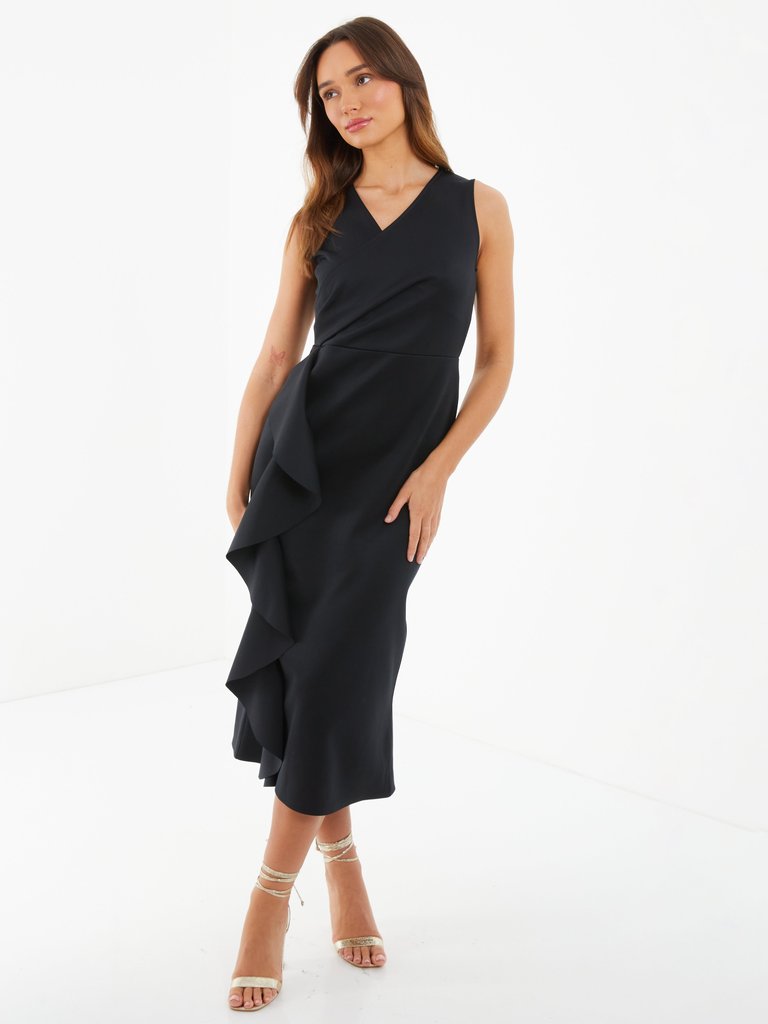Frill Detail Wrap Maxi Dress - Black