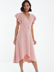 Frill Sleeve Dip Hem Buckle Wrap Dress - Pink