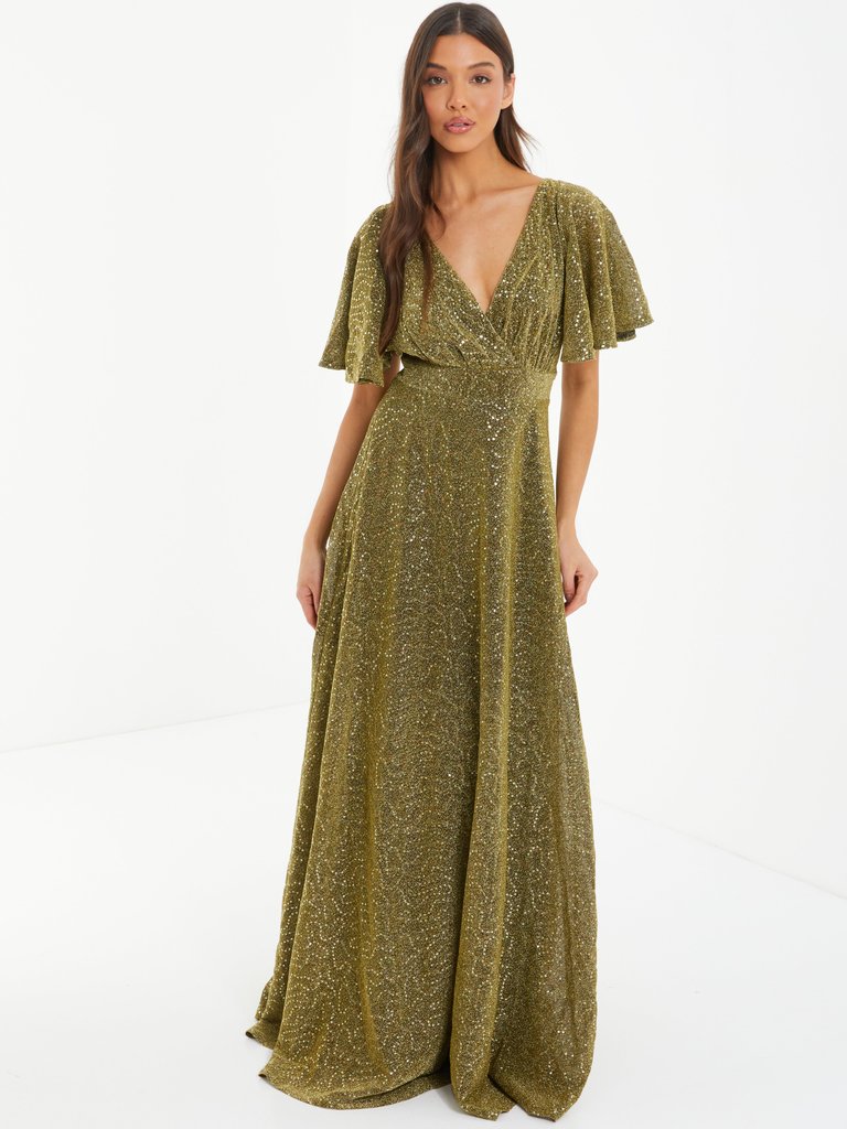 Glitter Lurex Angel Sleeve Evening Dress - Gold