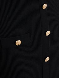 Gold Button Pocket Knit Long Sleeve Dress