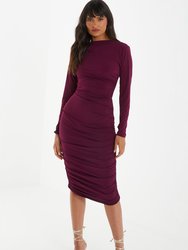 High Neck Long Sleeve Midi Dress - Purple