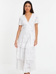 Jacquard V-Neck Tiered Maxi Dress - White