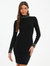 Knit Pearl Detail Long Sleeve Sweater Dress - Black
