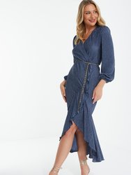 Long Sleeve Belted Wrap Midi Dress