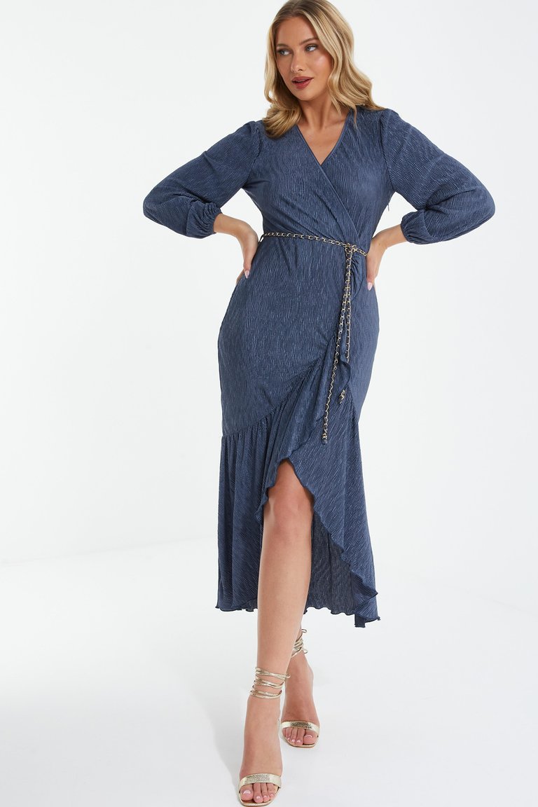 Long Sleeve Belted Wrap Midi Dress - Blue