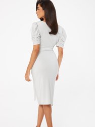 Lurex Puff Sleeve Wrap Midi Dress