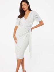 Lurex Puff Sleeve Wrap Midi Dress - Silver