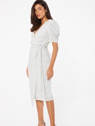 Lurex Puff Sleeve Wrap Midi Dress