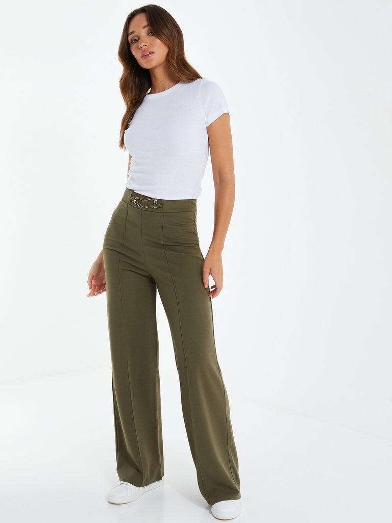 Olive Green Buckle Detail Palazzo Pant