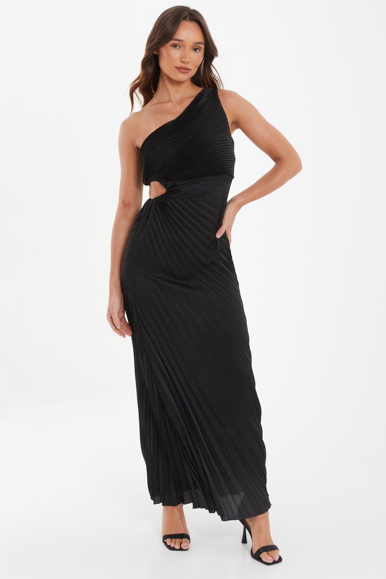 One-Shoulder Cut Out Waist Pleated Maxi Dress - Black