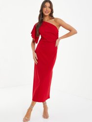 One-Shoulder Frill Sleeve Maxi Dress - Red
