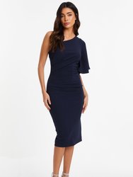 One-Shoulder Ruched Midi Dress - Blue