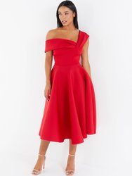 One-Shoulder Scuba Skater Dress - Red