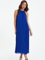 Pleated Chiffon High Neck Midi Dress - Blue