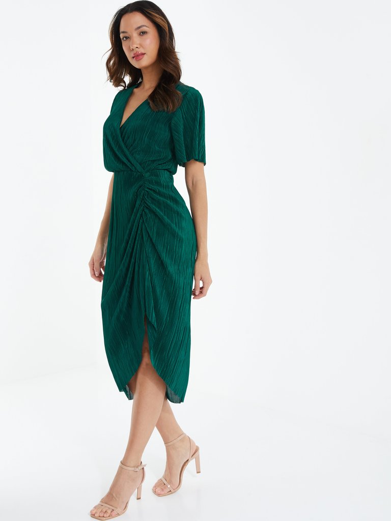 Plisse Ruched Midi Dress - Green