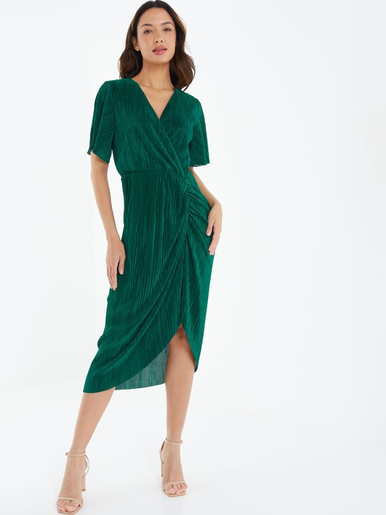 Plisse Ruched Midi Dress - Green - Green