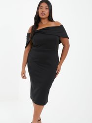 Plus Size Bow Detail Bardot Midi Dress - Black