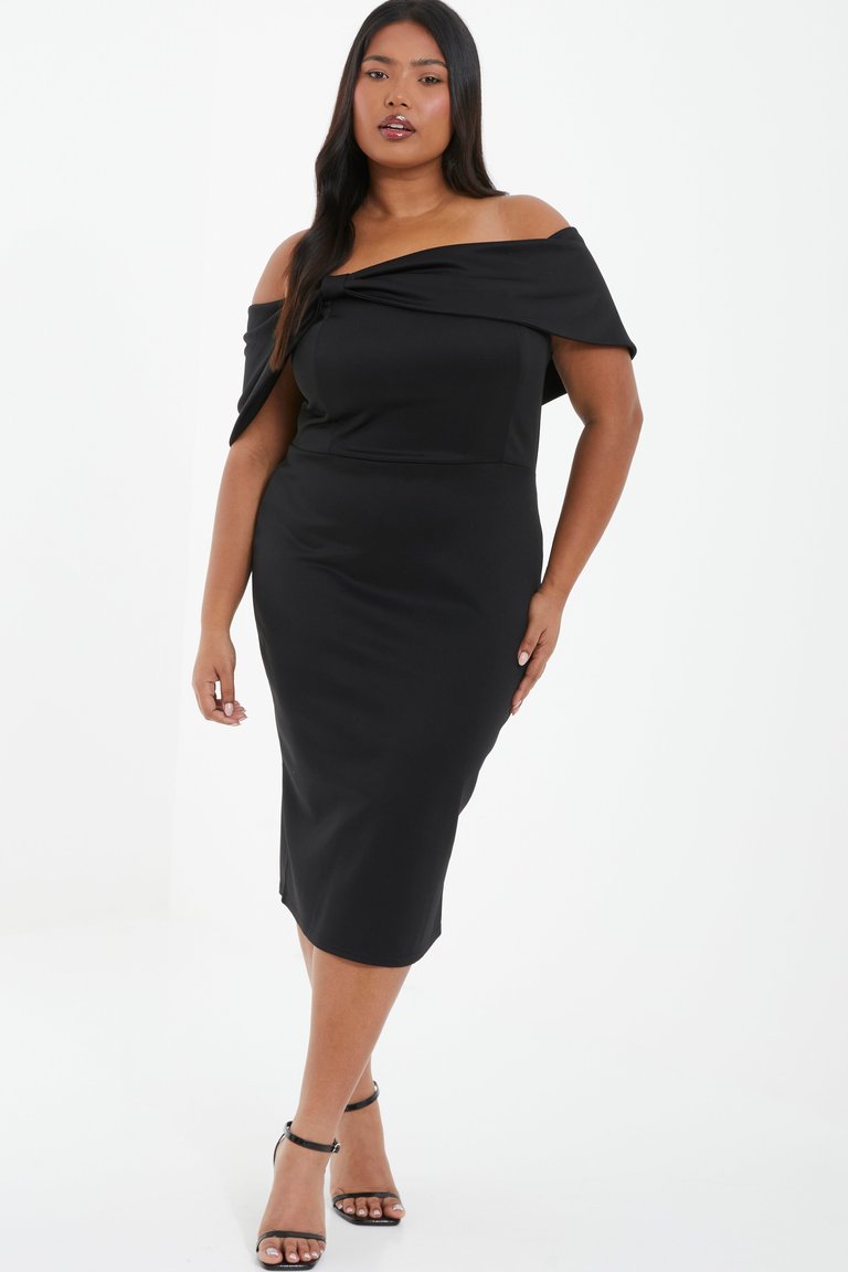 Plus Size Bow Detail Bardot Midi Dress - Black