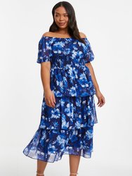 Plus Size Chiffon Floral Bardot Tiered Midi Dress - Blue
