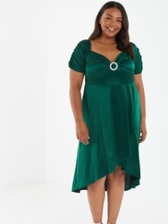 Plus Size Embellished Broach Bardot Dip Hem Dress - Green