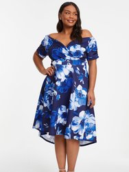 Plus Size Floral Bardot Ruched Dip Hem Dress - Blue