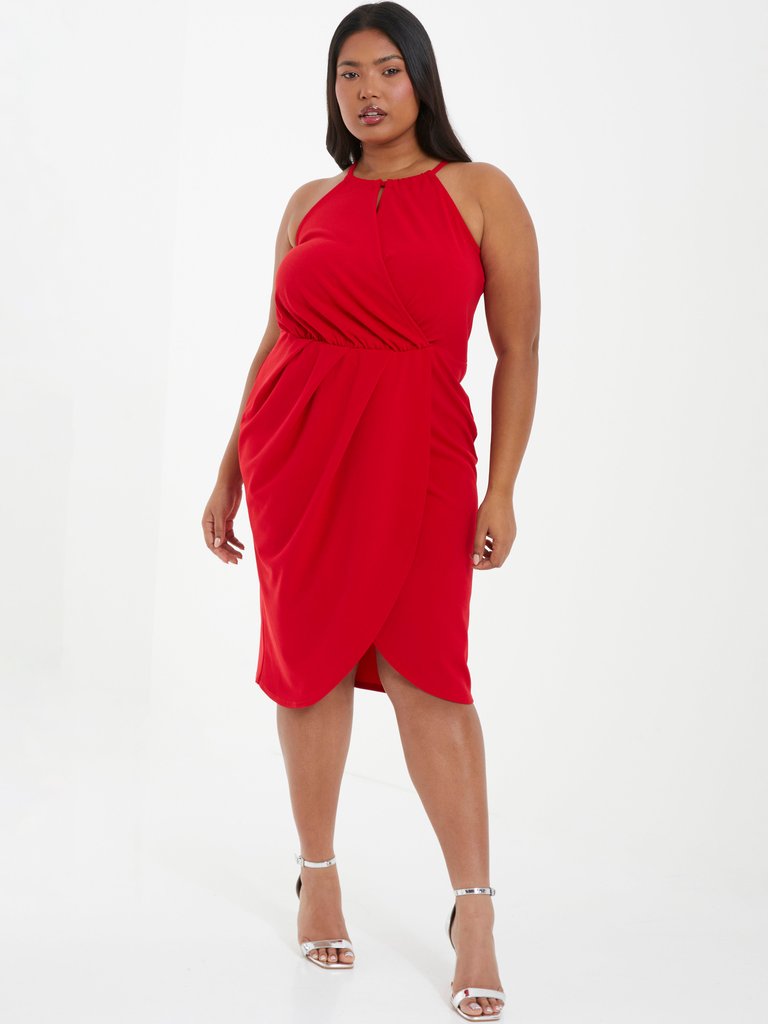 Plus Size High Neck Wrap Dress - Red