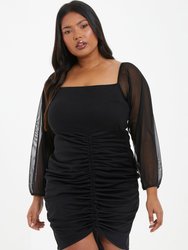 Plus Size Mesh Long Sleeve Ruched Dress - Black