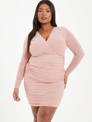 Plus Size Mesh Wrap Ruched Midi Dress - Pink