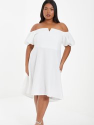 Plus Size Puff Sleeve Bardot Dress - White