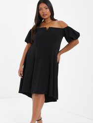 Plus Size Puff Sleeve Bardot Dress - Black