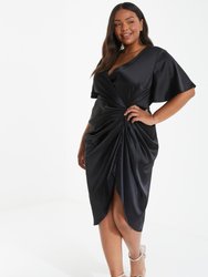 Plus Size Satin Wrap Ruched Midi Dress - Black