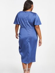 Plus Size Satin Wrap Ruched Midi Dress