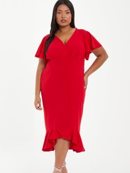Plus Size V-Neck Frill Hem Midi Dress - Red