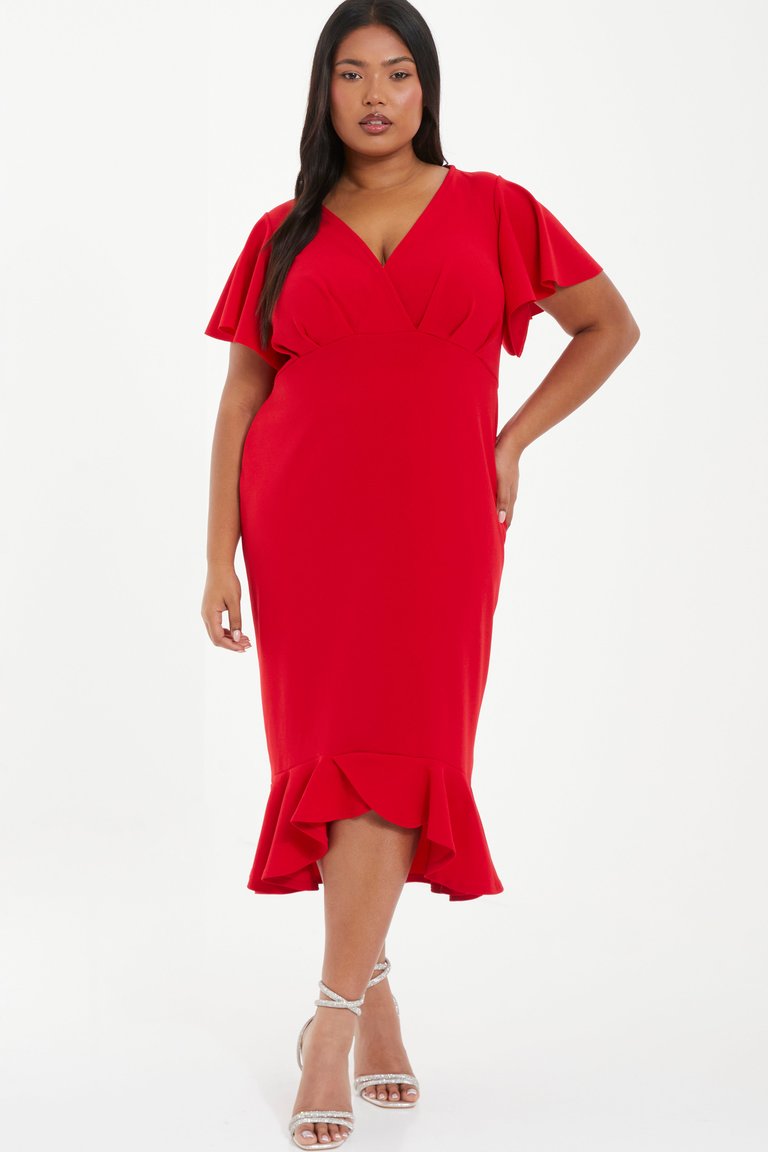 Plus Size V-Neck Frill Hem Midi Dress - Red