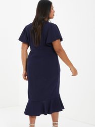 Plus Size V-Neck Frill Hem Midi Dress