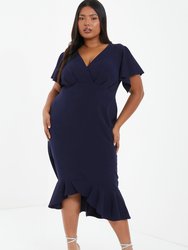 Plus Size V-Neck Frill Hem Midi Dress - Blue