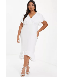 Plus Size V-Neck Frill Hem Midi Dress - White