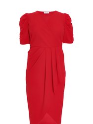 Plus Size Wrap Pleated Ruched Sleeve Midi Dress