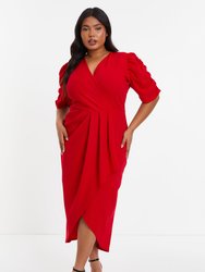 Plus Size Wrap Pleated Ruched Sleeve Midi Dress - Red