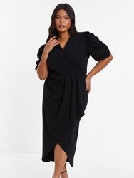 Plus Size Wrap Pleated Ruched Sleeve Midi Dress - Black