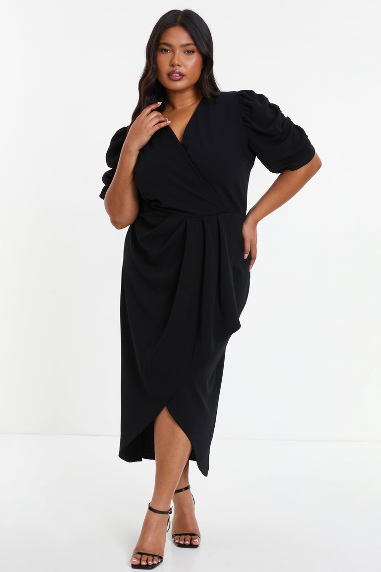Plus Size Wrap Pleated Ruched Sleeve Midi Dress - Black