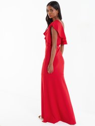 Red One Shoulder Frill Maxi Dress