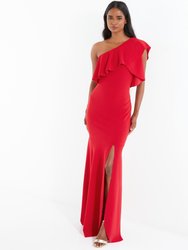 Red One Shoulder Frill Maxi Dress - Red