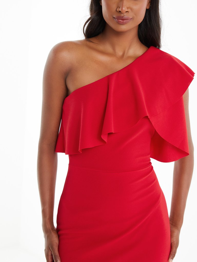 Red One Shoulder Frill Maxi Dress