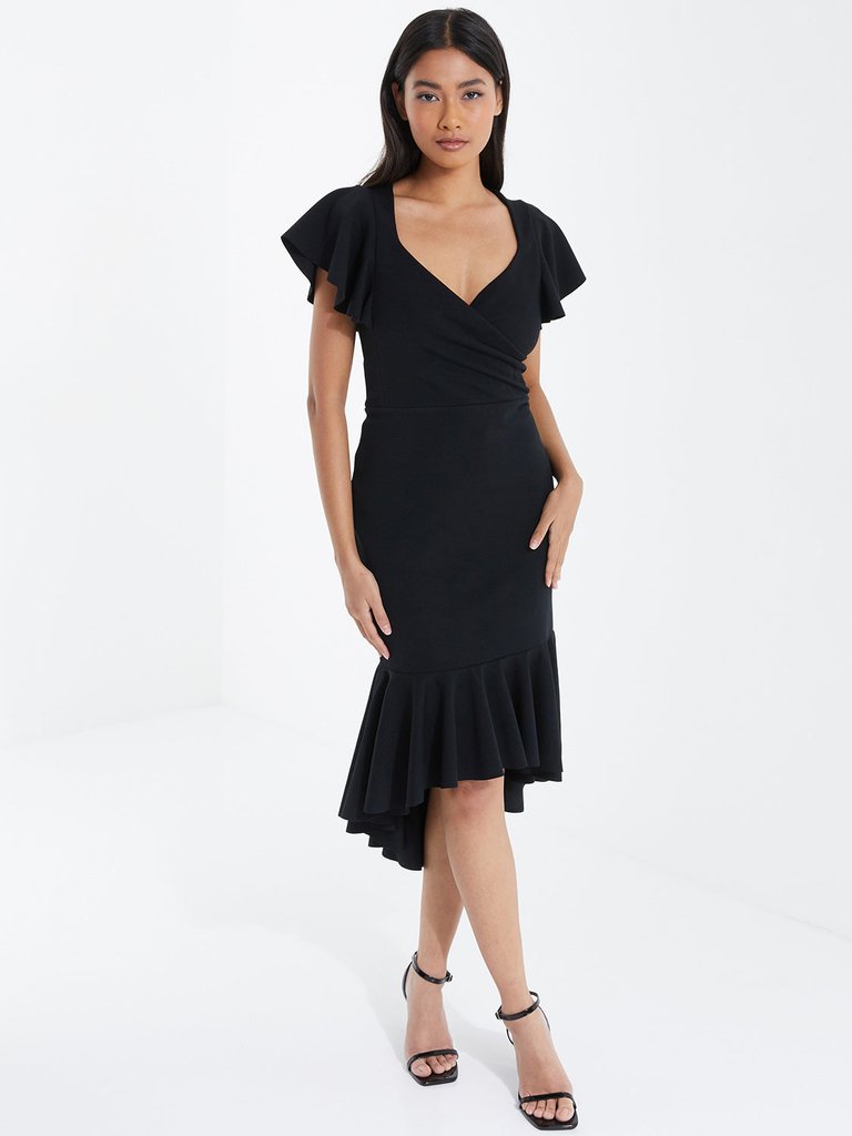 Scuba Crepe Frill Hem Wrap Dress - Black