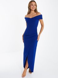 Scuba Crepe Ruched Bardot Maxi Dress - Royal Blue