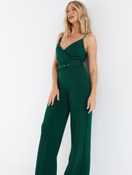 Scuba Crepe V Neck Belted Palazzo Jumpsuit - Green
