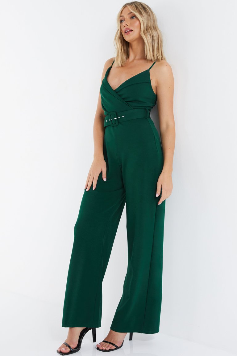 Scuba Crepe V Neck Belted Palazzo Jumpsuit - Green