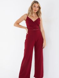 Scuba Crepe V Neck Belted Palazzo Jumpsuit - Red - Red