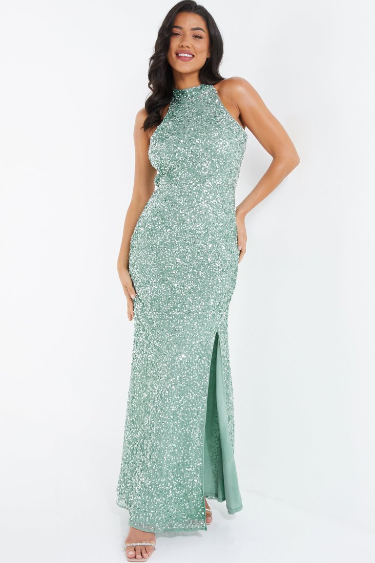 Sequin High Neck Split Maxi Dress - Sage